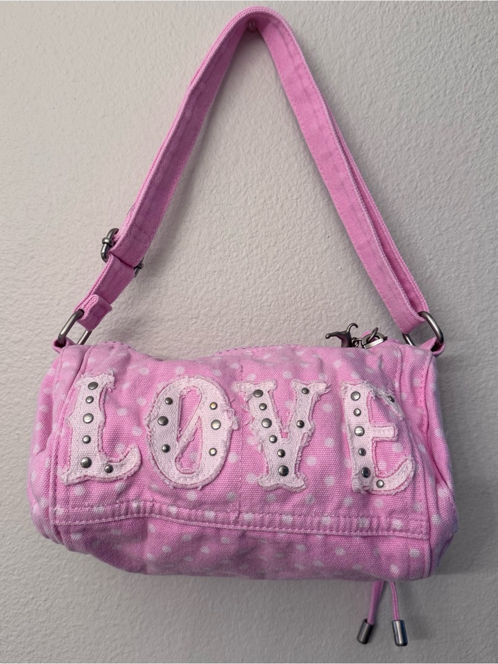 PINK Victoria's Secret Pink Polka Dot Canvas Rolled Duffle Shoulder Bag NWT - Picture 2 of 3